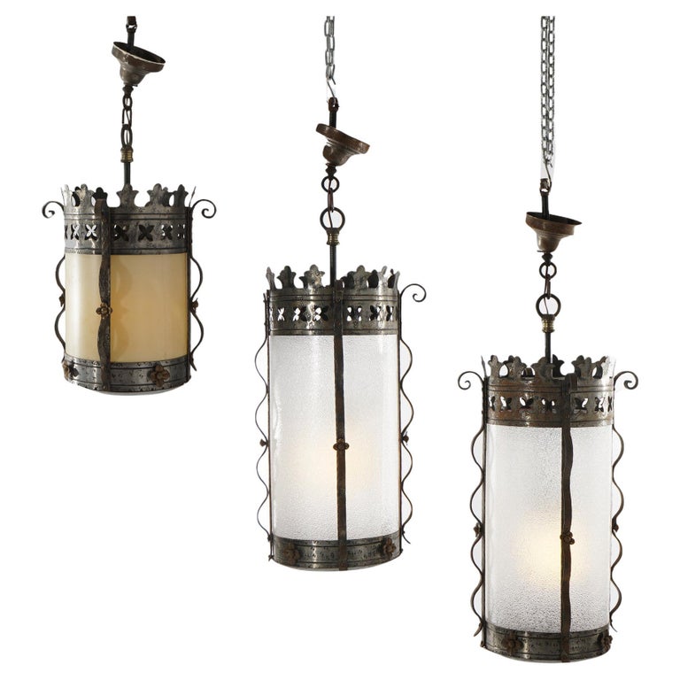 Three Gothic Yellin & Bach Style Arts & Crafts Wrought Iron Hanging Lights C1920