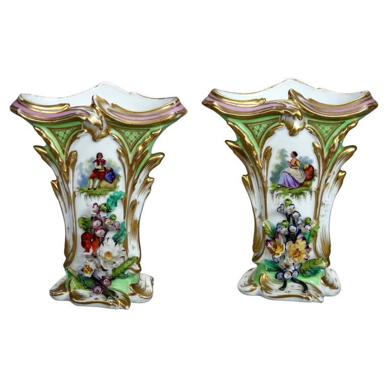 Pair Antique Old Paris Porcelain Spill Vases with Figural & Floral Decoration