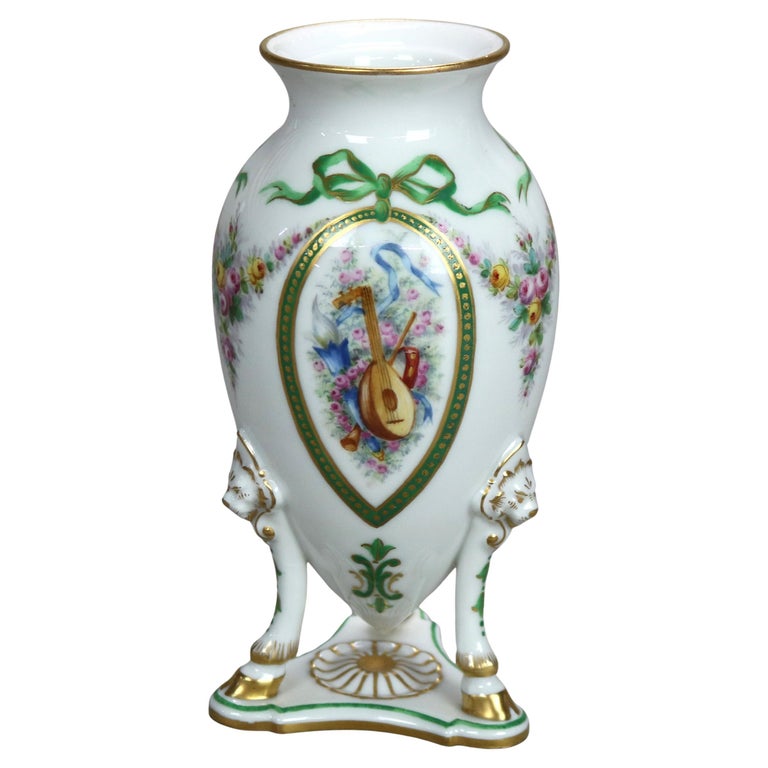 Antique Servres Hand Painted & Gilt Porcelain Vase with Hoofed Leg Base C1890