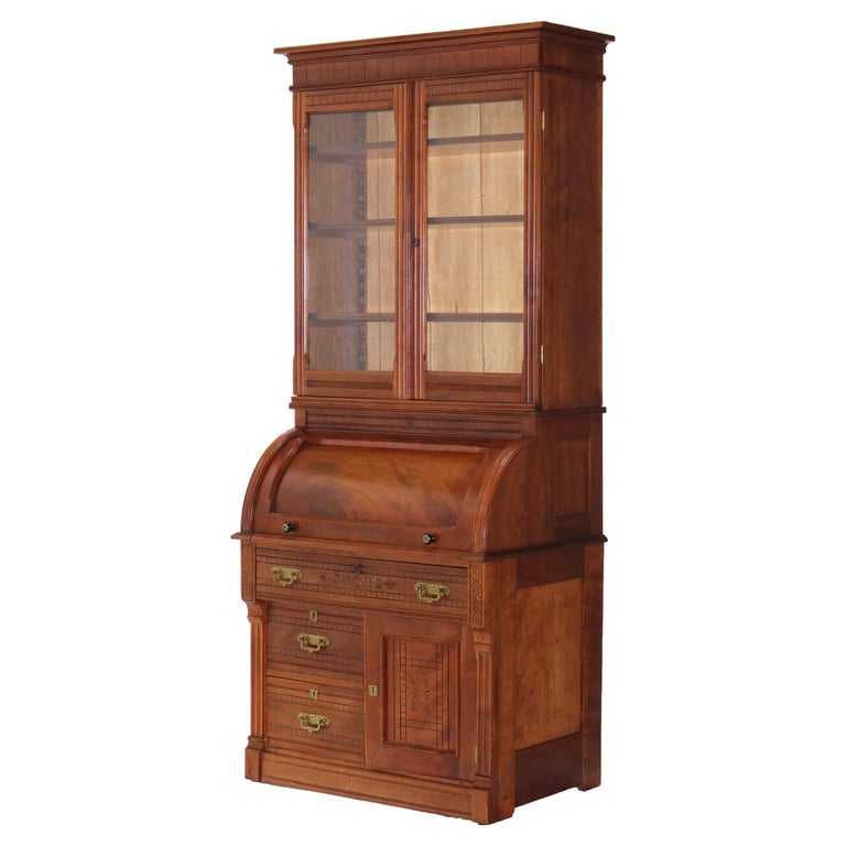 Antique Victorian Eastlake Cherry & Burl Barrel Roll Top Secretary Desk C1890