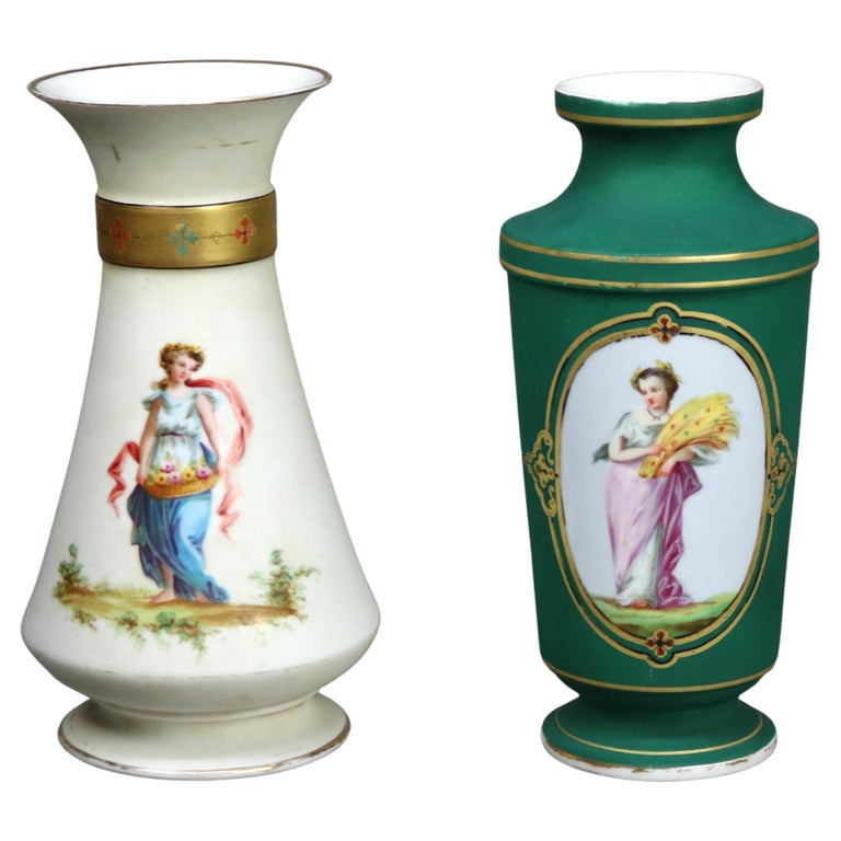 Pair of Antique Old Paris Porcelain Portrait Vases with Classical Women C1880