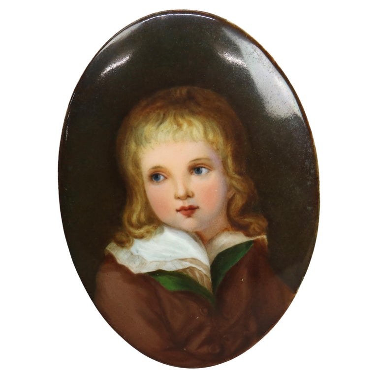 Antique Portrait Painting on Porcelain Plaque of a Child C1890
