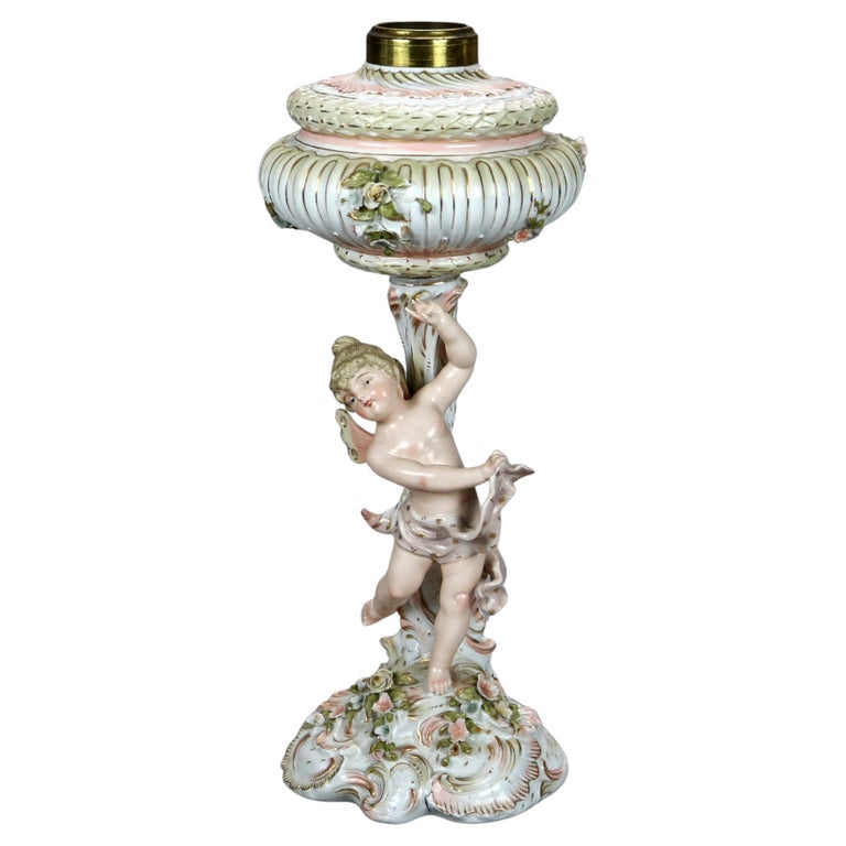 Antique Dresden or Meissen Classical Figural Cherub Porcelain Oil Lamp 19thC
