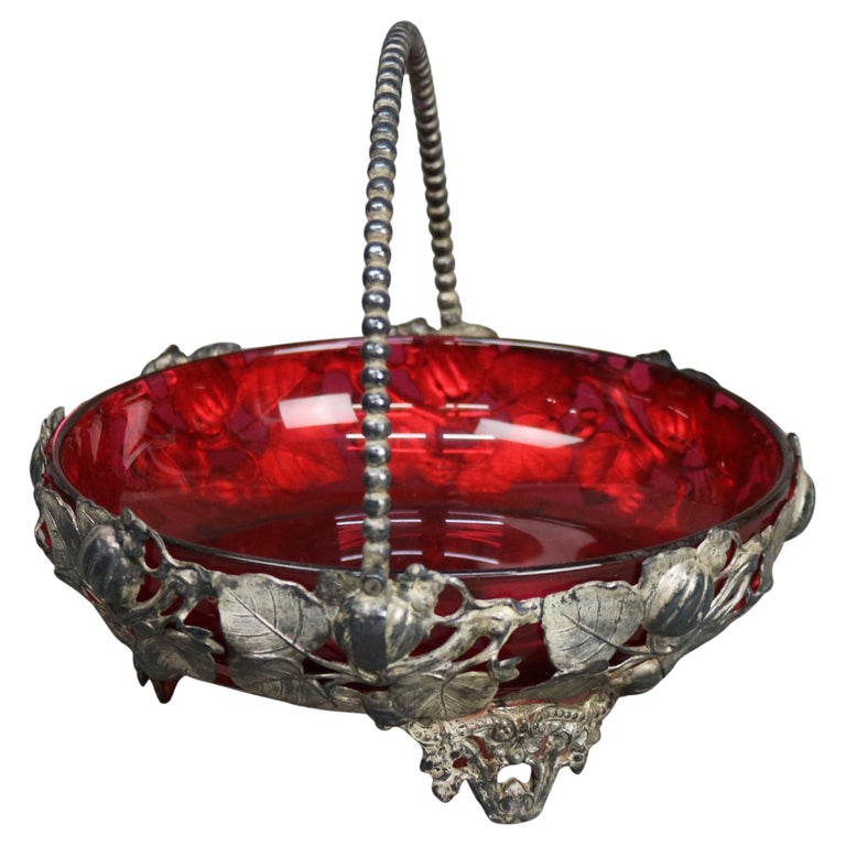 Antique Silver Plated Foliate Form Compote Basket & Cranberry Glass Insert C1890