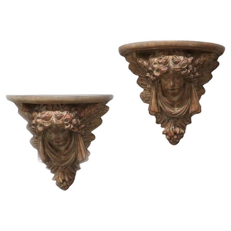 Pair of Rococo Figural Cupid Wall Sconce Shelves 20thC