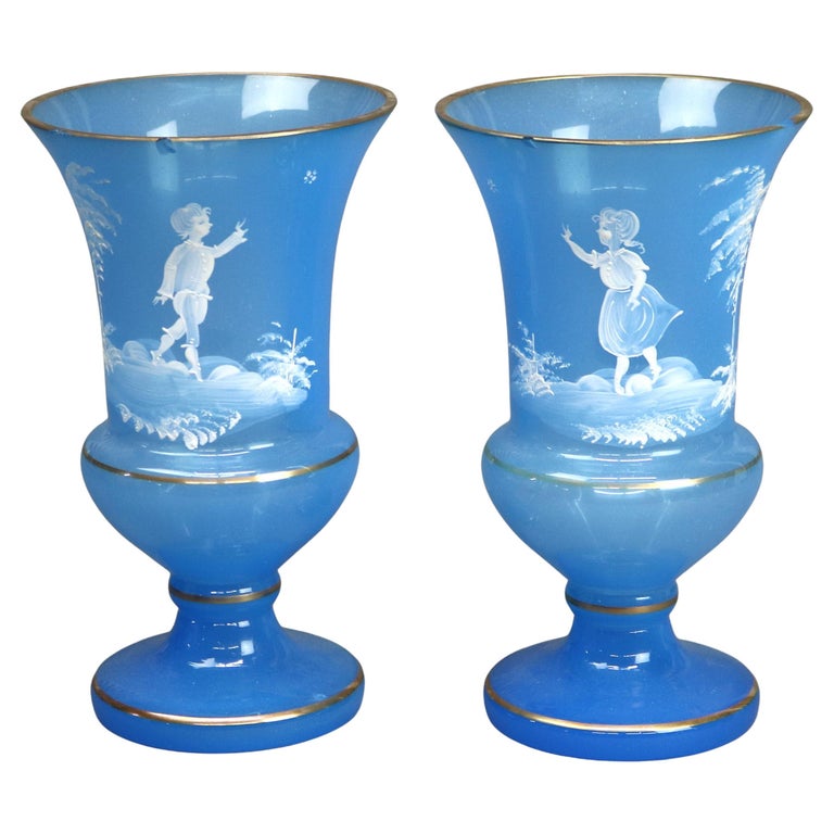 Pair of Antique Mary Gregory Victorian Hand Painted Blue Glass Vases