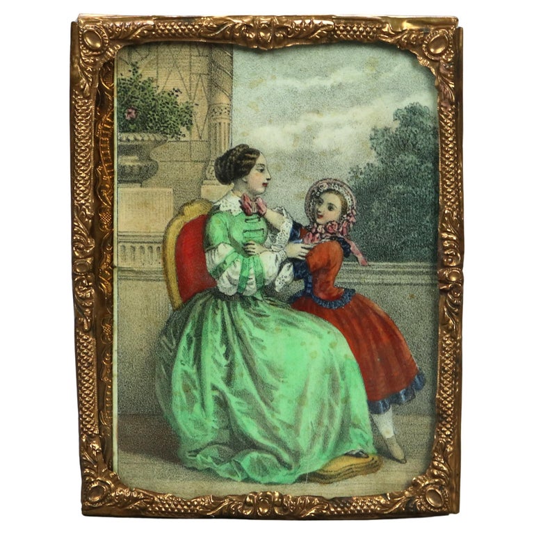 Antique Miniature Print of Woman & Child, Framed, 19thC