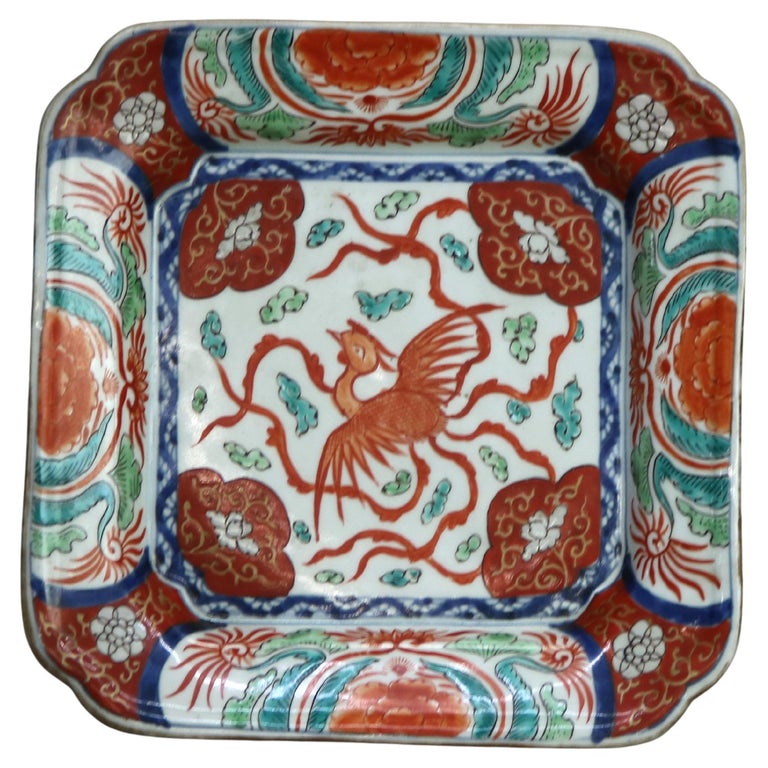 Antique Japanese Imari Porcelain Square Plate with Phoenix C1910