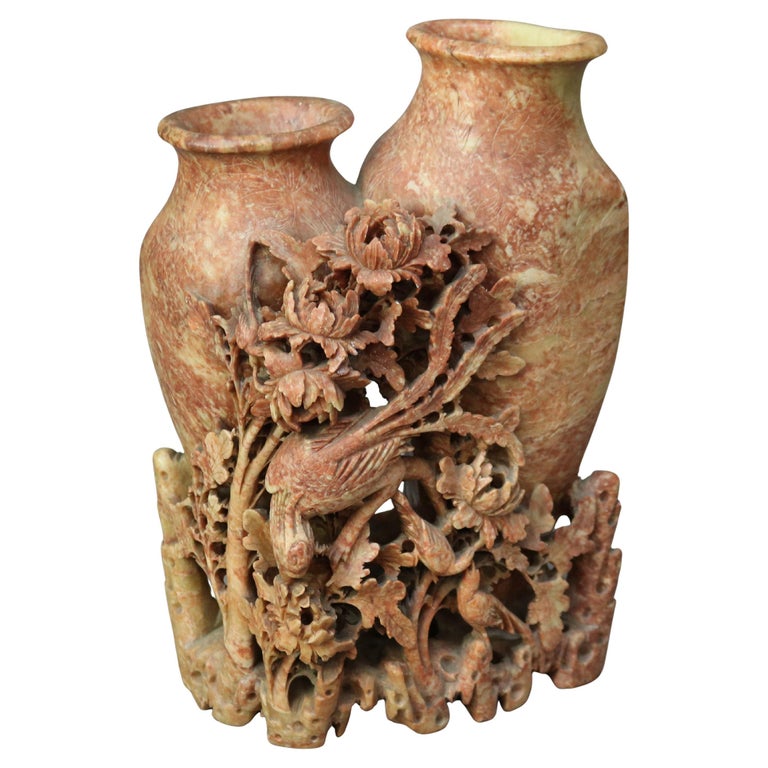 Antique Chinese Figural & Floral Carved Red Soapstone Double Vase C1920
