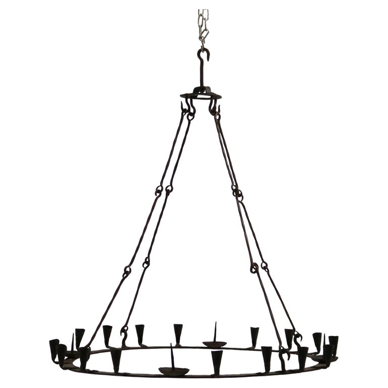 Antique 18thC Gothic Wrought Iron Hanging Circular Candelabra C1750