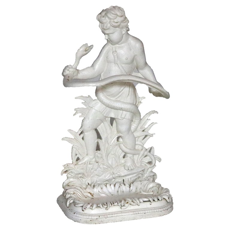 Antique Classical Figural Cherub & Snake Painted Wrought Iron Umbrella Stand