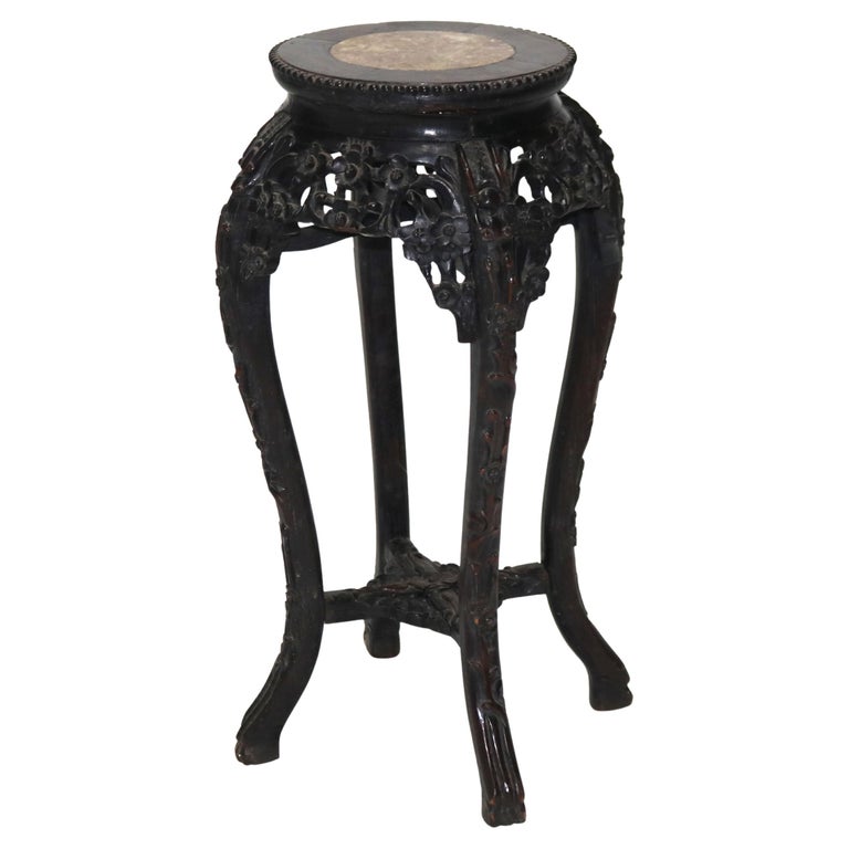Antique Chinese Foliate Carved Hardwood Marble Top Stand C1920