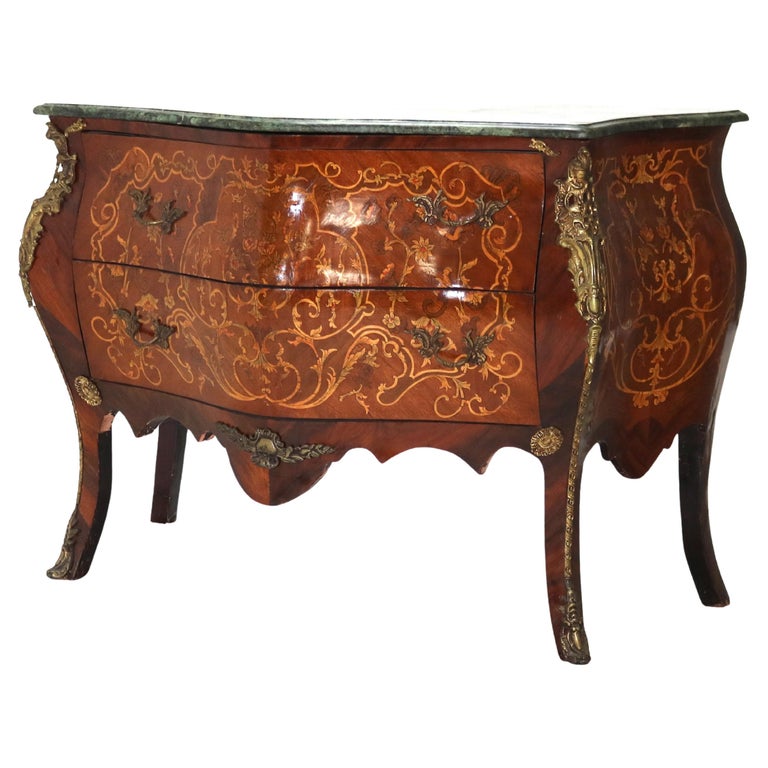 Louis XIV Style Kingwood, Ormolu, Marble & Satinwood Inlaid Bombe Commode 20thC