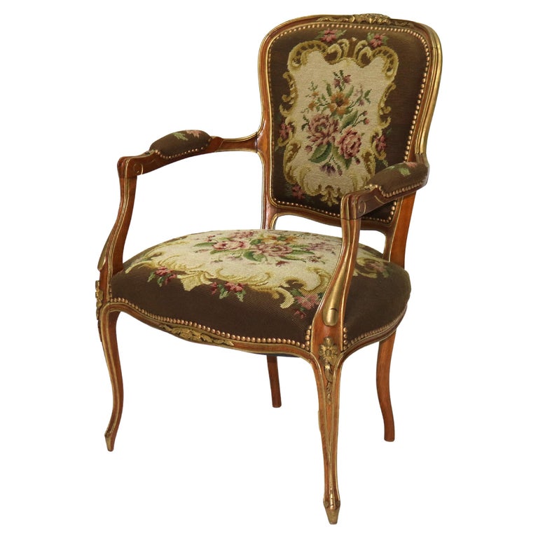 Antique French Louis XIV Style Parcel Gilt Walnut & Floral Tapestry Chair C1920