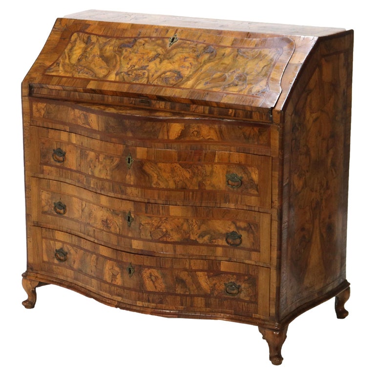 18thC Italian Florence Olive Wood, Rosewood & Burl Swell & Drop Front Desk c1770