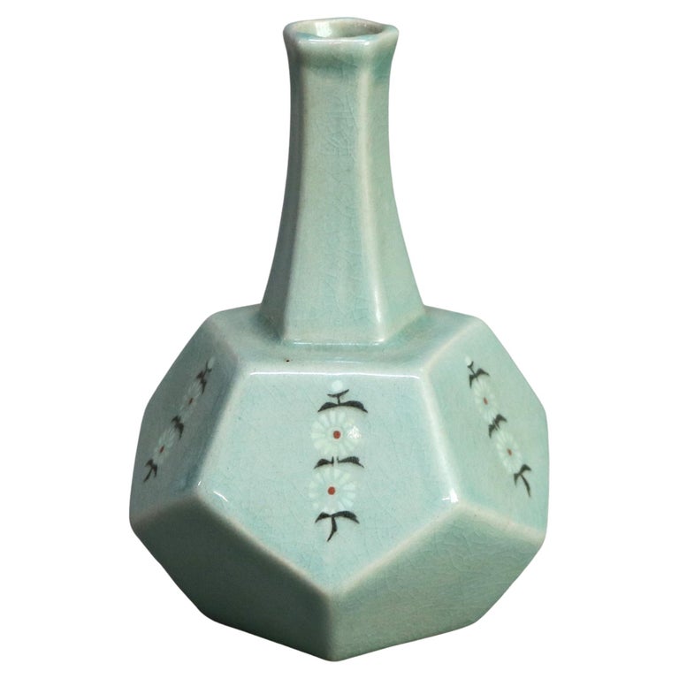 Antique Asian Celadon Pottery Bud Vase with Daisies Signed Early 19thC