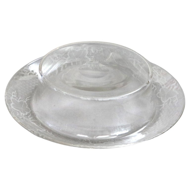 Antique Etched Glass Center Bowl with Grape Leaf and Vine Border C1930