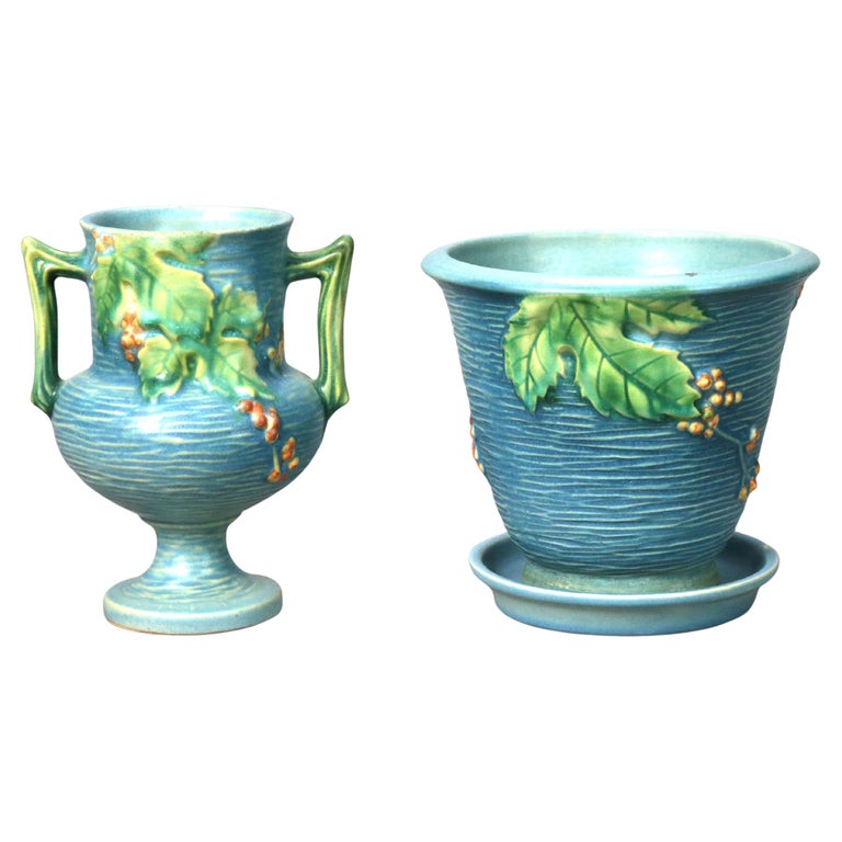 Two Pieces of Blue Roseville Art Pottery with Bittersweet Pattern Mid 20thC