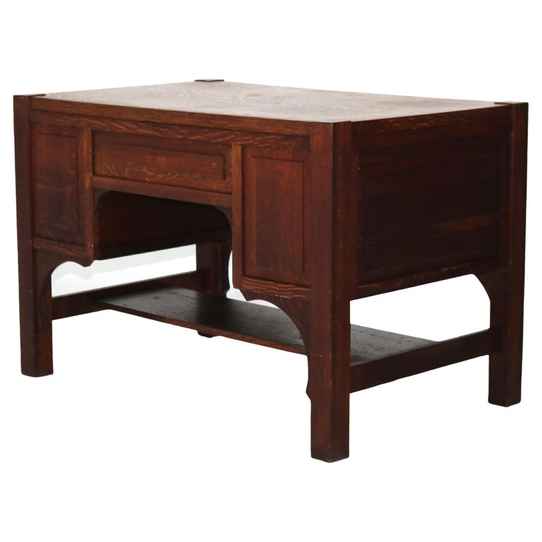 Antique Arts & Crafts Mission Oak Paneled Desk with Arched Corbels C1920