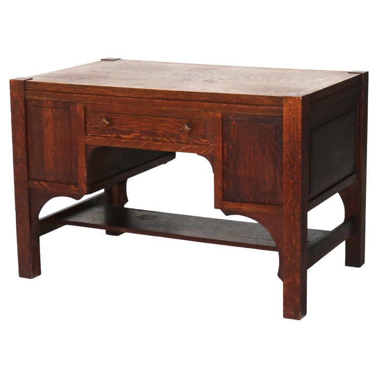 Antique Arts & Crafts Mission Oak Paneled Desk with Arched Corbels C1920