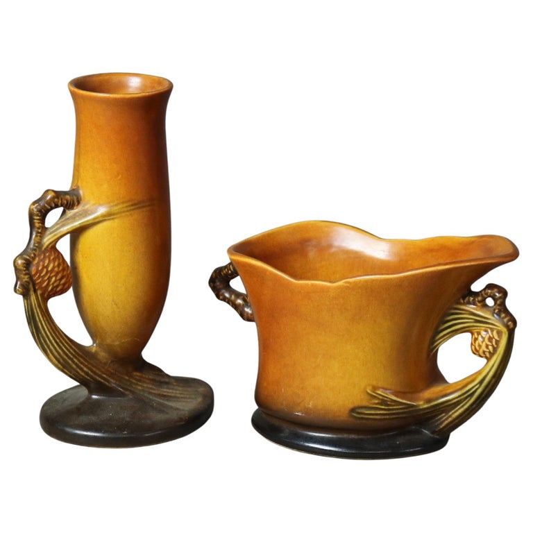 Two Brown Roseville Art Pottery with Pinecone Pattern Mid 20thC