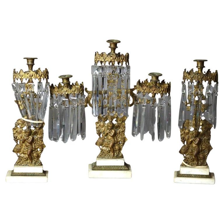Antique Bronze, Crystal & Marble Figural Girandole Set with Cherubs C1890