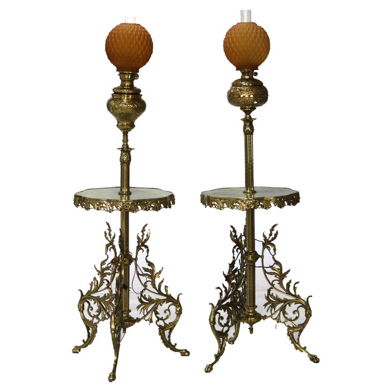 Pair Antique Victorian Gilt Bronze, Brass & Green Onyx Piano Floor Lamps, C1890