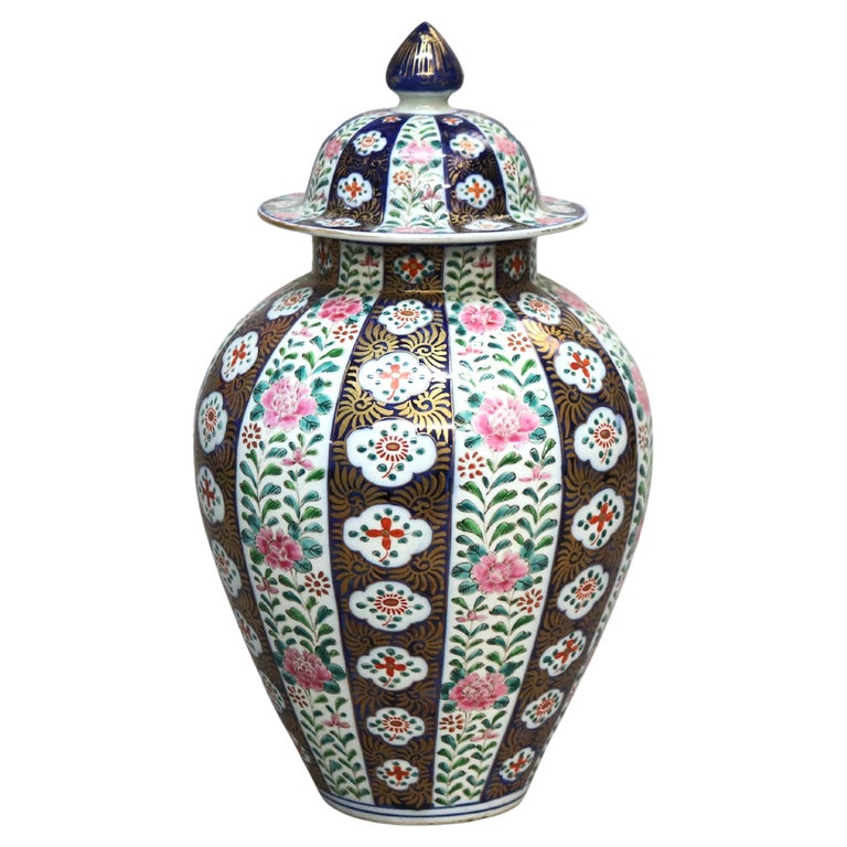 Antique Chinese Meiji Hand Painted and Gilt Porcelain Covered Urn C1930