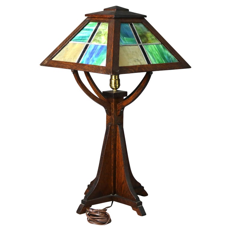 Antique Prairie School Arts and Crafts Oak Framed Slag Glass Table Lamp C1920