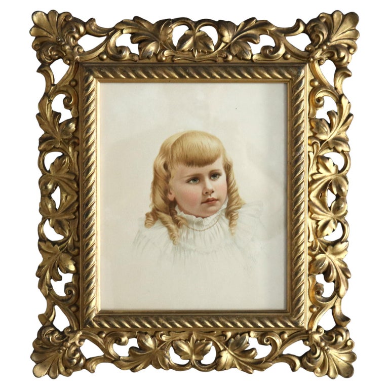 Antique Foliage Form Giltwood Frame with a Signed Portrait Print of a Girl 19thC