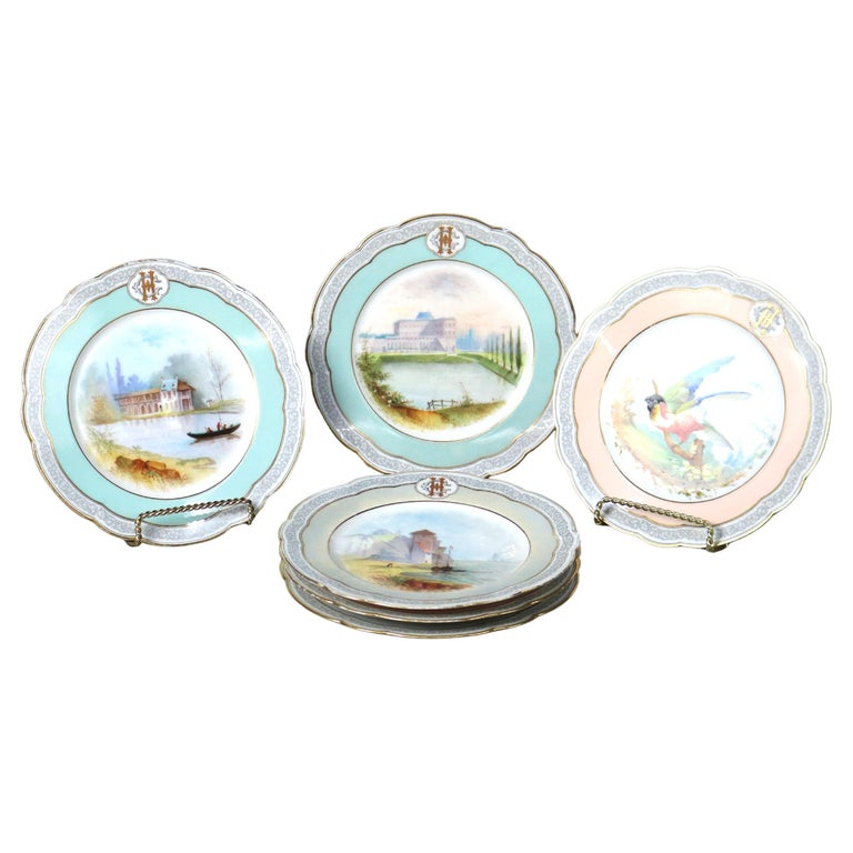 Set of Six Mansard French Hand Painted and Gilt Porcelain Plates 20thC
