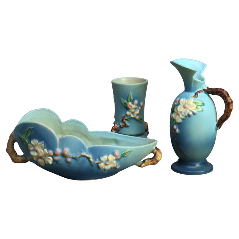 Three Pieces of Blue Roseville Art Pottery with Apple Blossom Pattern Mid 20thC