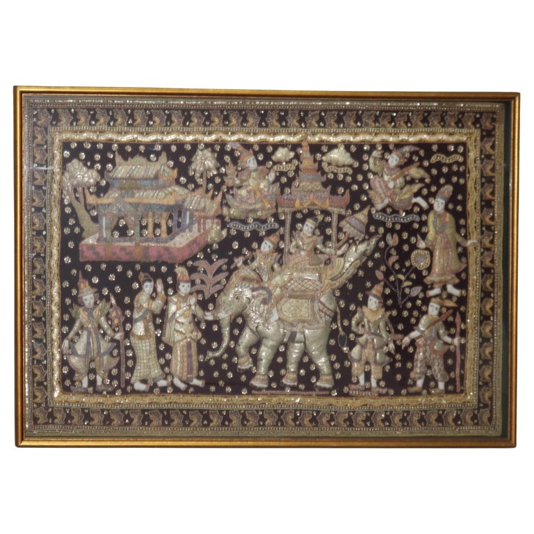 Burmese Framed Embroidered and Sequined Kalaga Tapestry of Genre Scene 20thC