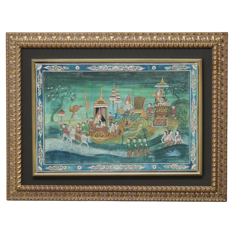 Thai Watercolor on Paper Genre Scene with Figures, Elephant & Horses 20thC