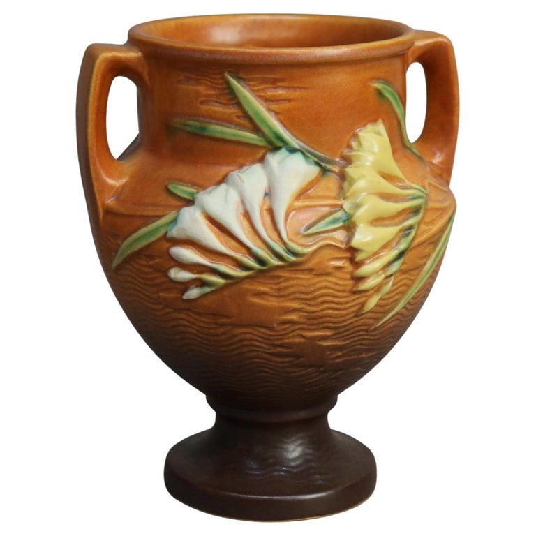 Roseville Art Pottery Brown Vase with Freesia Pattern Mid 20thC