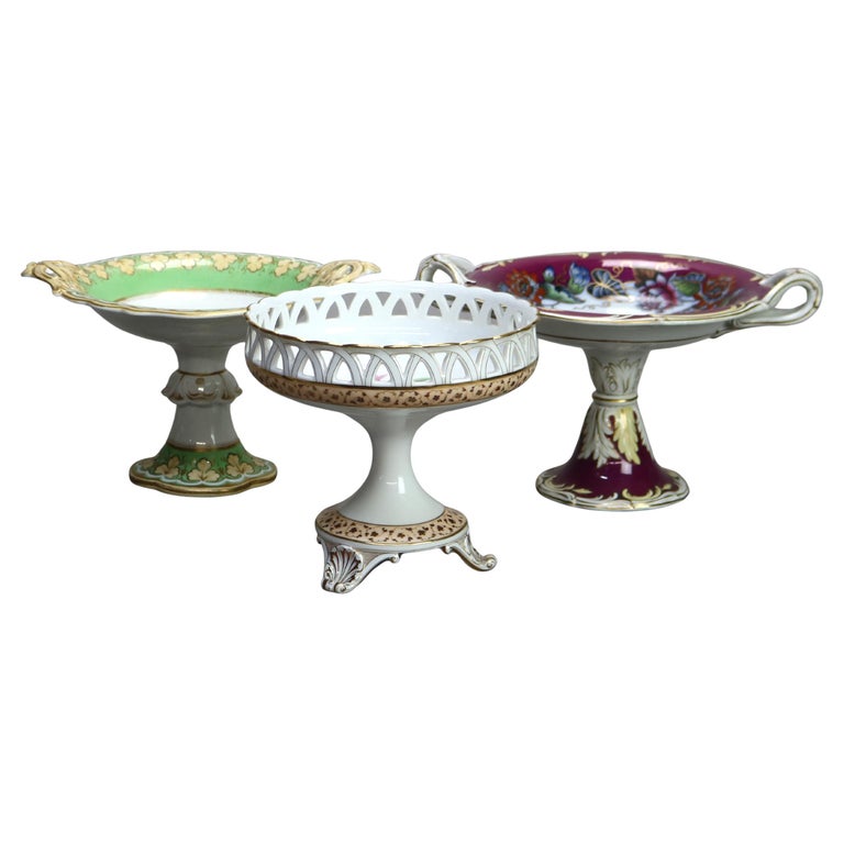 Three Antique English Hand Painted & Gilt Porcelain Footed Compotes C1890