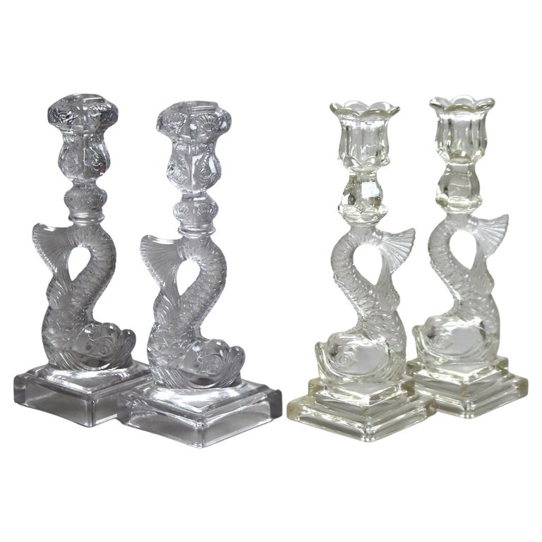 Four Antique Figural Dolphin Fish Sandwich Glass Candlesticks C1930