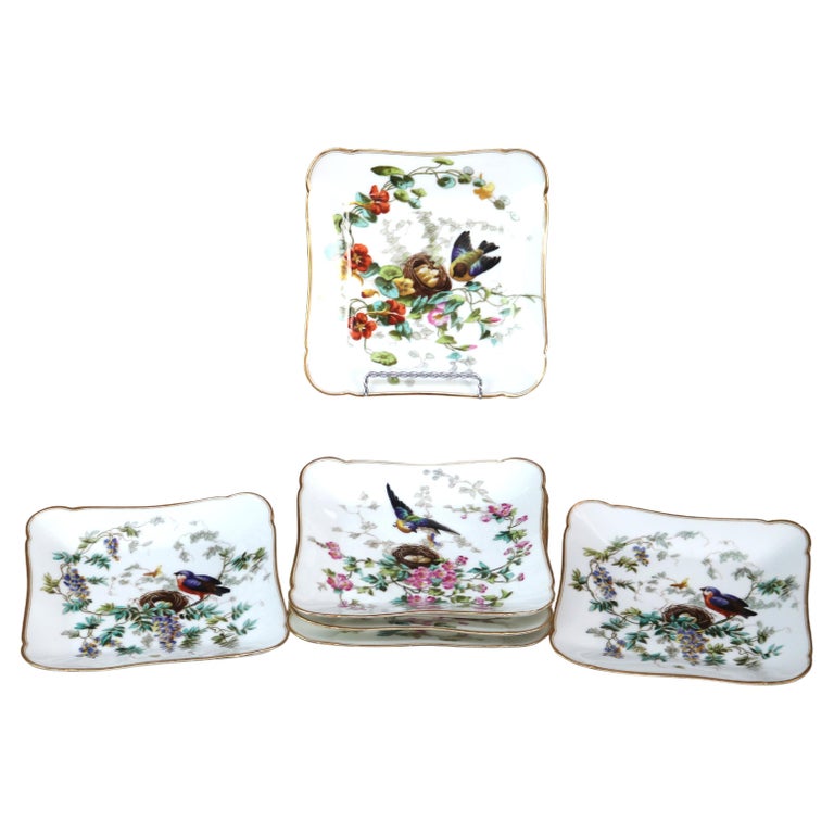 Six Antique Limoges Hand Painted & Gilt Plates with Nesting Birds C1910