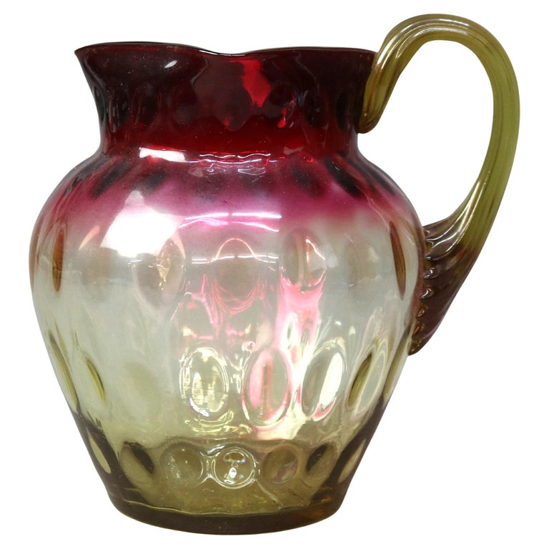 Antique Mt. Washington School Cranberry to Amber Coinspot Glass Water Pitcher