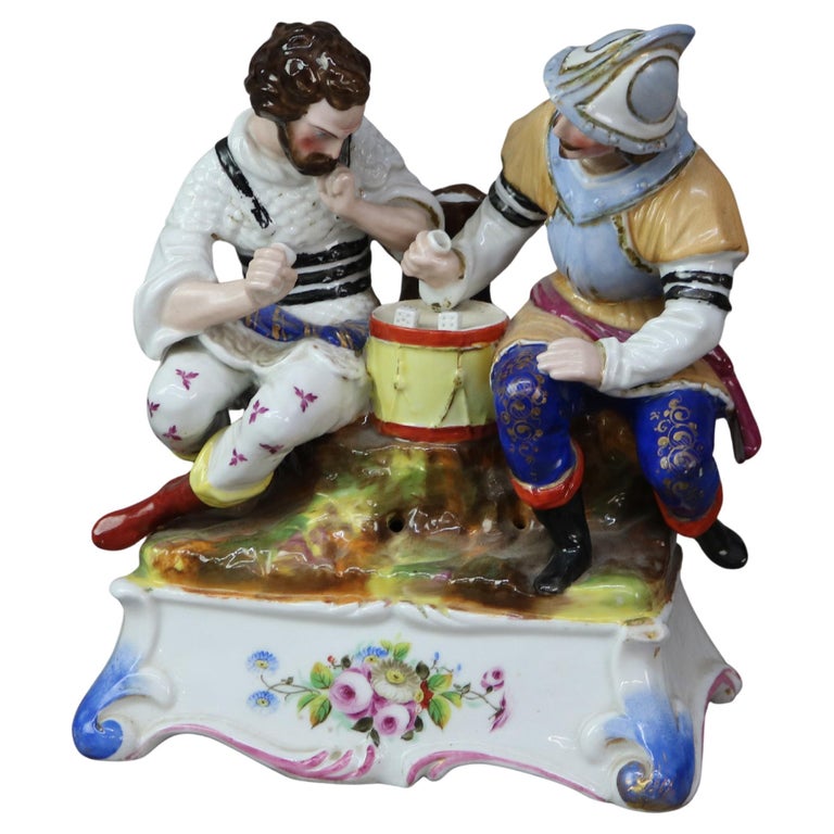 Antique German Meissen School Porcelain Dice Throwers Figural Candle Stand C1890