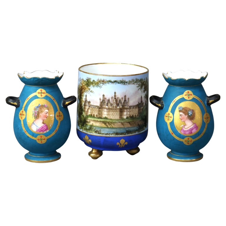 Three Antique Old Paris Porcelain Hand Painted and Gilt Vases C1890