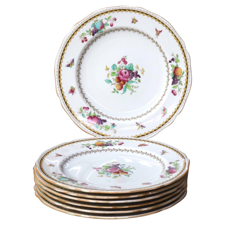Seven Antique English Copeland Floral Hand Painted & Gilt Porcelain Plates C1890