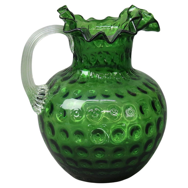 Antique Emerald Green Fluted Art Glass Water Pitcher with Coinspot Pattern C1890