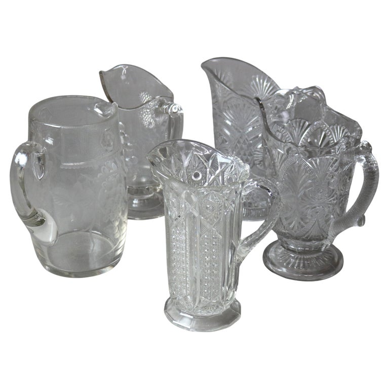 Five Antique Etched and Pressed Glass Water Pitchers 19thC