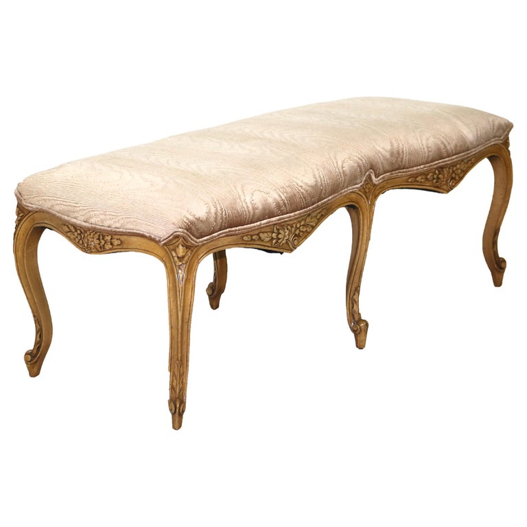 Vintage French Louis XV Style Floral Carved in Relief Maple Long Bench C1940