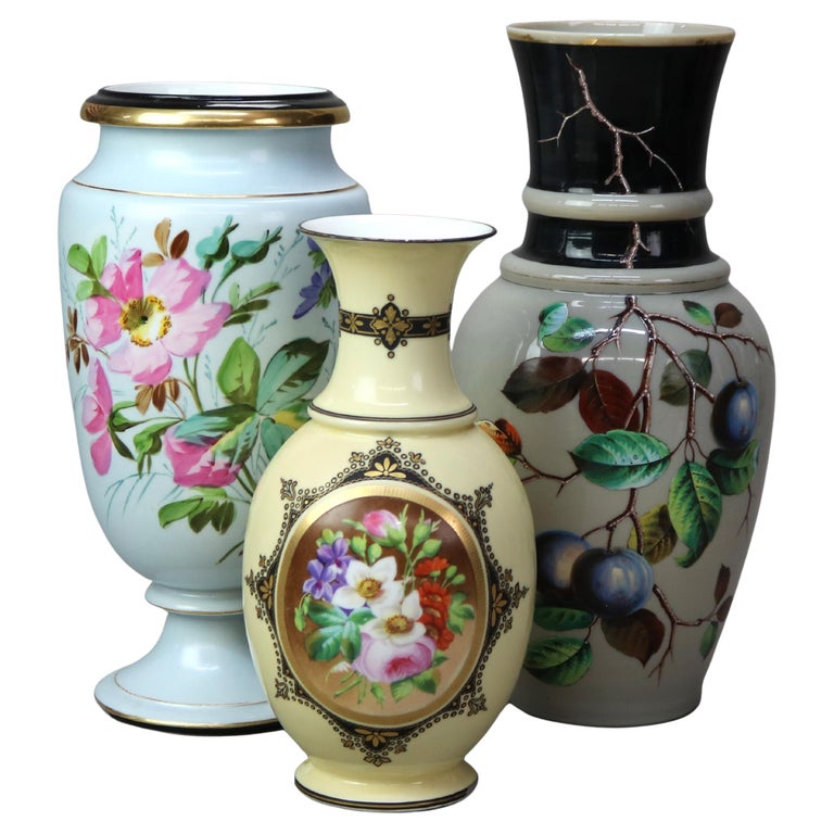 Three Antique Floral Hand Painted & Gilt Vases C1890