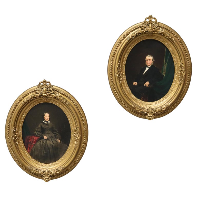 Pair Antique Oil on Paper Portraits of a Man & a Woman In Giltwood Frames c1860