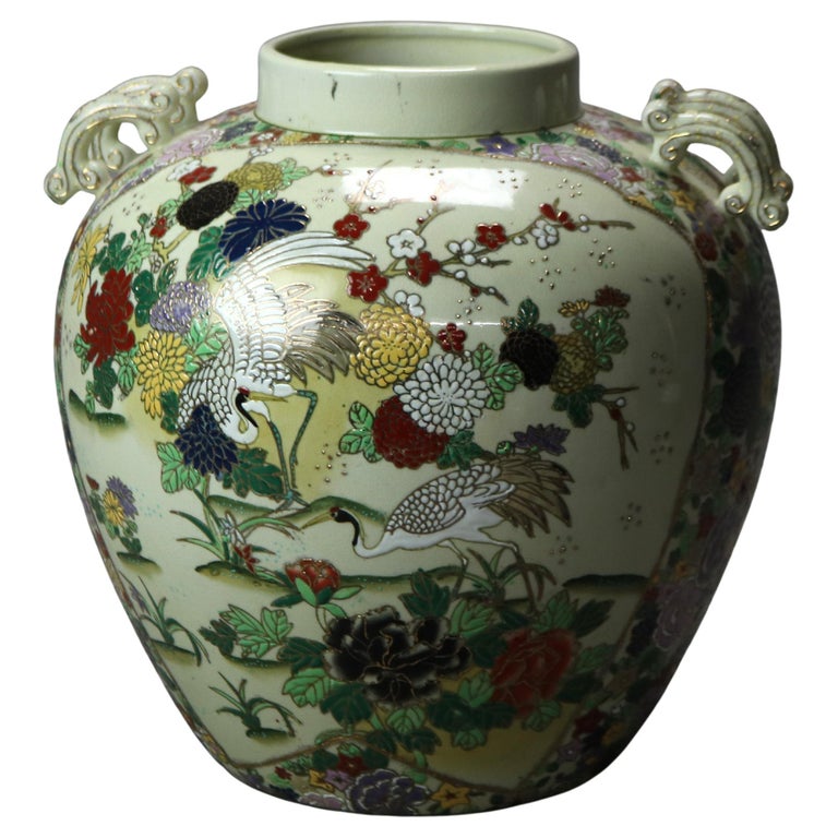 Antique Chinese Hand Enameled Urn with Garden Scene & Herons C1920