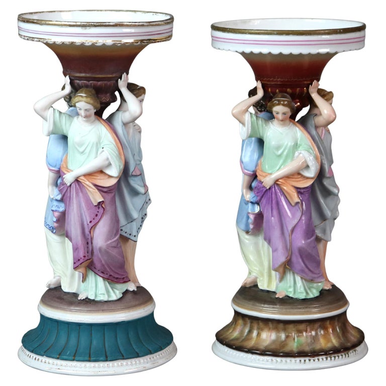 Two Antique Meissen School Hand Painted Figural 3 Graces Porcelain Candlesticks
