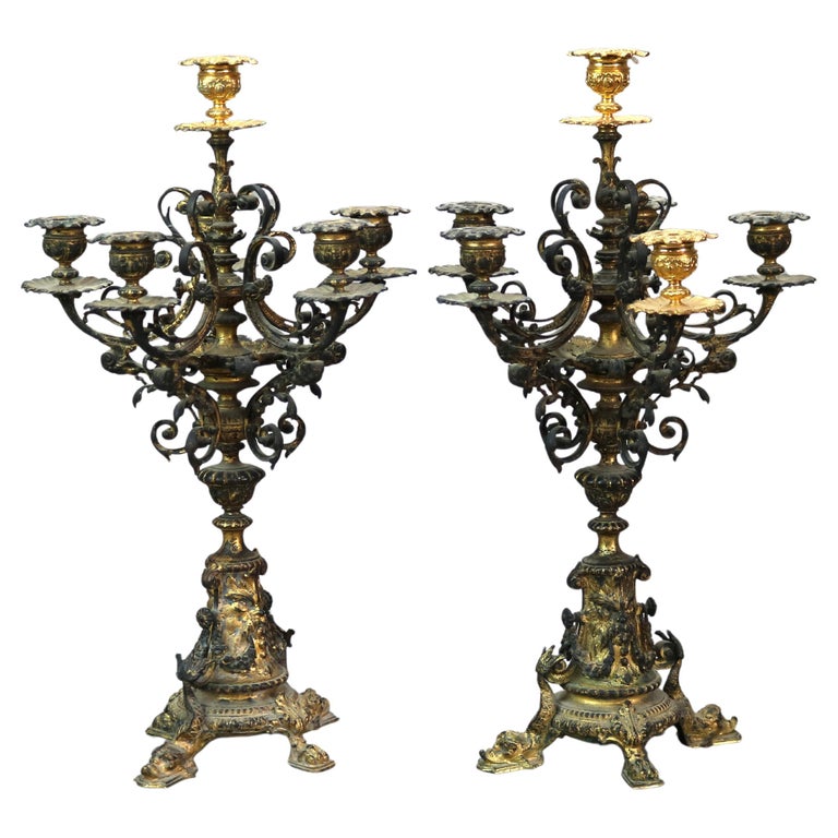 Antique Figural Bronze & Gilt Finish Six-Candle Wind God Candelabras C1890